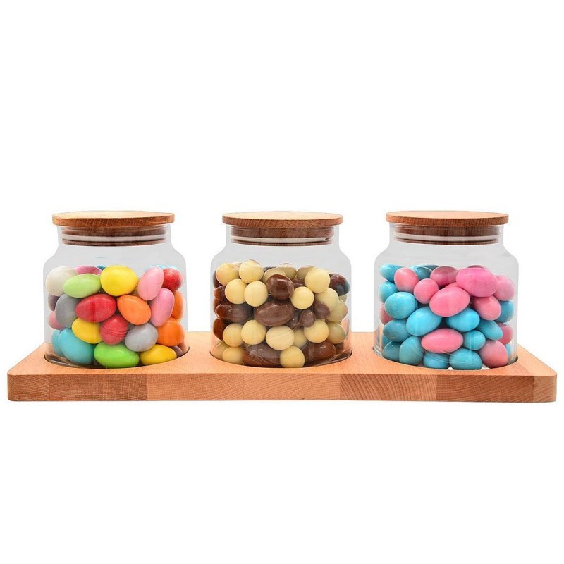 SET PLATEAU BOIS + 3 BOITES VERRE 635 CC AVEC COUVERTURE EN BOIS