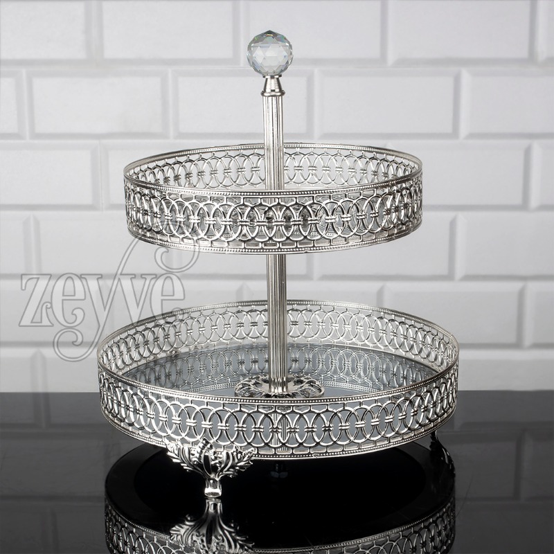 PLATEAU DECO ROND 2 NIVEAUX (25X25)(20X20)X30 CM MIX OR-ARGENT