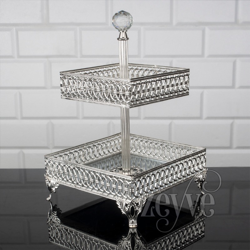 PLATEAU DECO CARRE 2 NIVEAUX (8X18)(14X14)X30 CM MIX OR-ARGENT