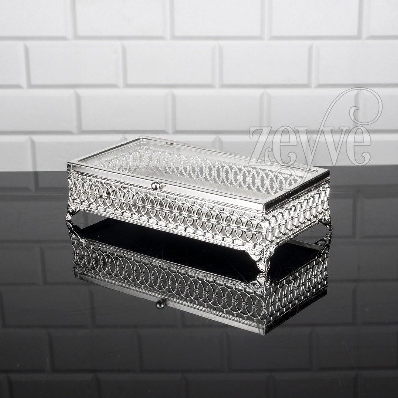 PLATEAU DECO AVEC COUVERCLE EN VERRE 24X12X7MIX OR-ARGENT