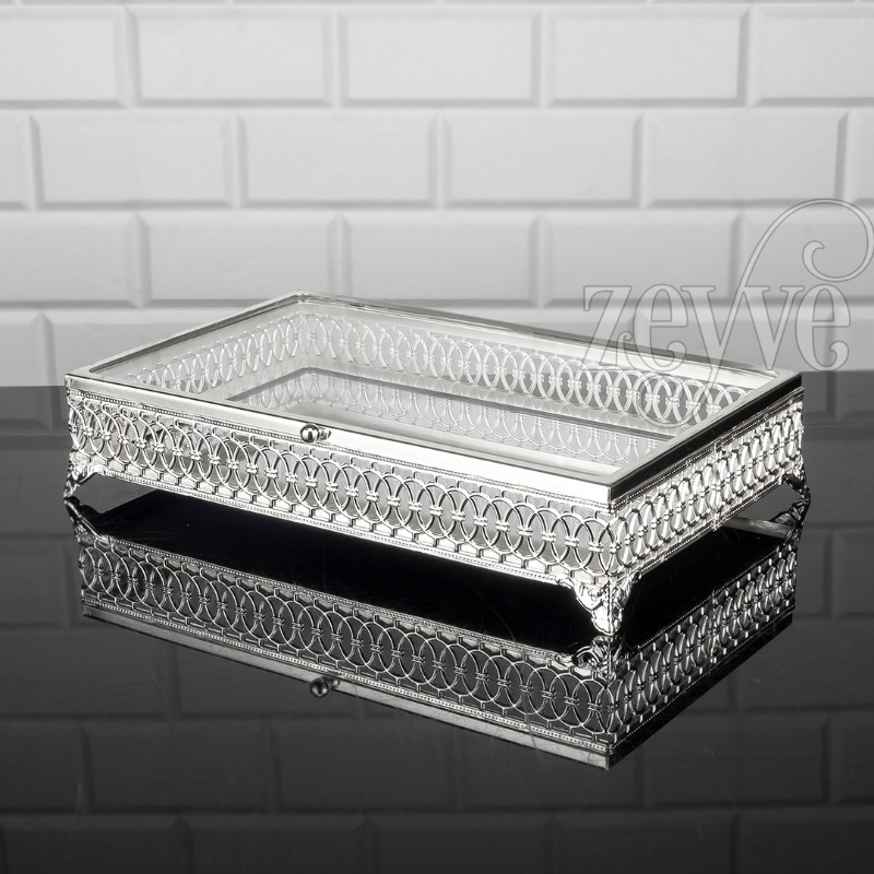 PLATEAU DECO AVEC COUVERCLE EN VERRE 30X18X7 MIX OR-ARGENT
