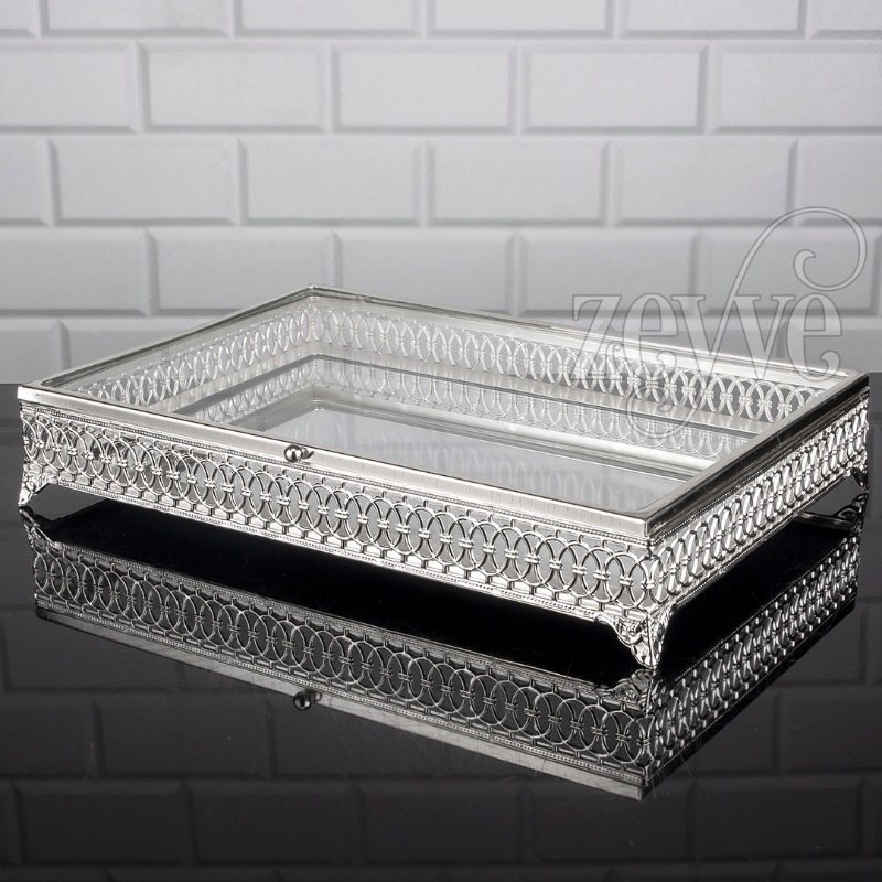 PLATEAU DECO AVEC COUVERCLE EN VERRE 35X24X7 MIX OR-ARGENT