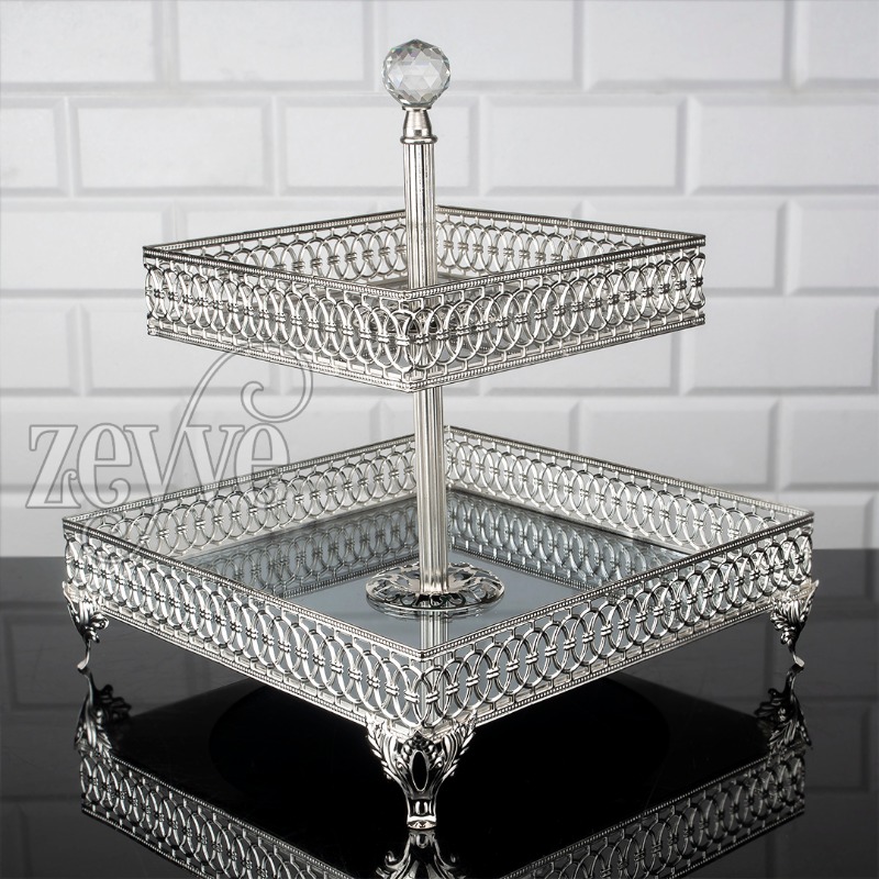 PLATEAU DECO 2 NIVEAUX CARRE(18X18)(25X25)X30CM MIX OR-ARGENT