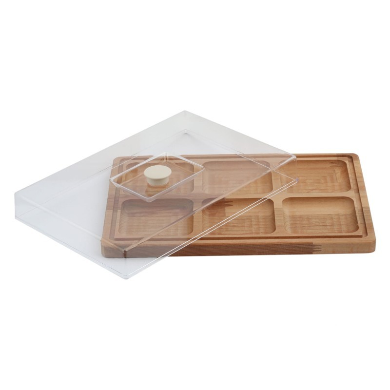 BOITE 6 COMPARTIMENTS BOIS COUVERCLE PLASTIQUE - 33 X 23 CM