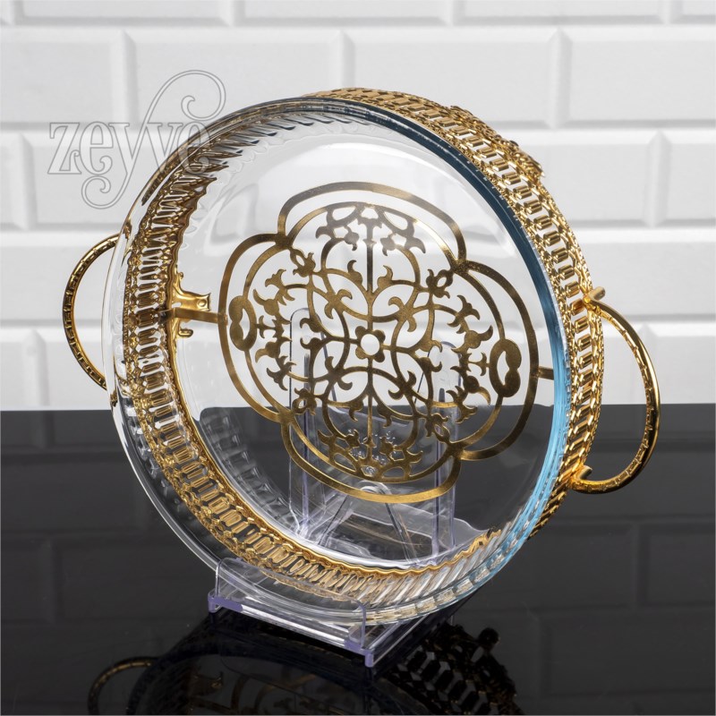 PLATEAU VERRE DECO ROND 36X29X10 CM MODELE OR 