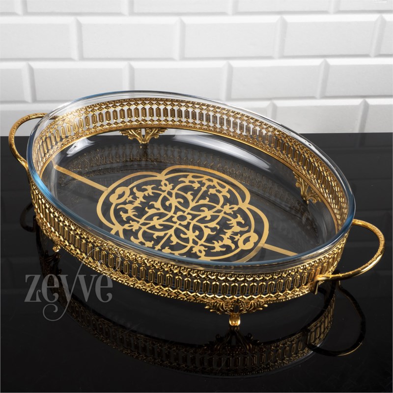PLATEAU VERRE DECO OVAL 45X28X10 CM MODELE OR 