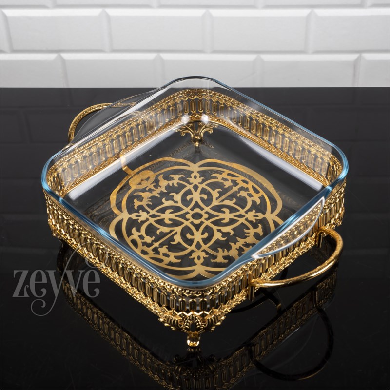 PLATEAU VERRE DECO CARRE 32X23X10 CM MODELE OR 
