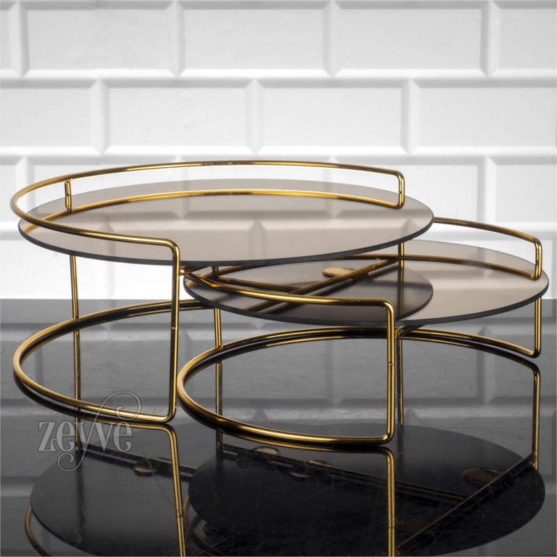 SET 2 PLATEAUX DECO ROND VERRE METAL 30x30x12cm MODELE OR