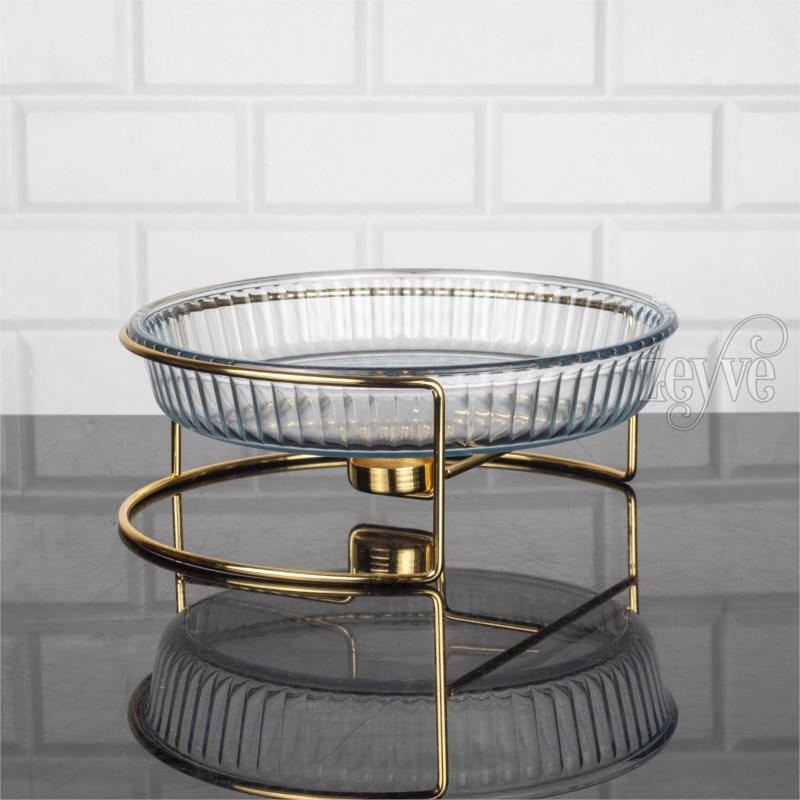 PLAT GARDE CHAUD AVEC PORTE BOUGIE VERRE METAL 10X27 CM MODELE OR 