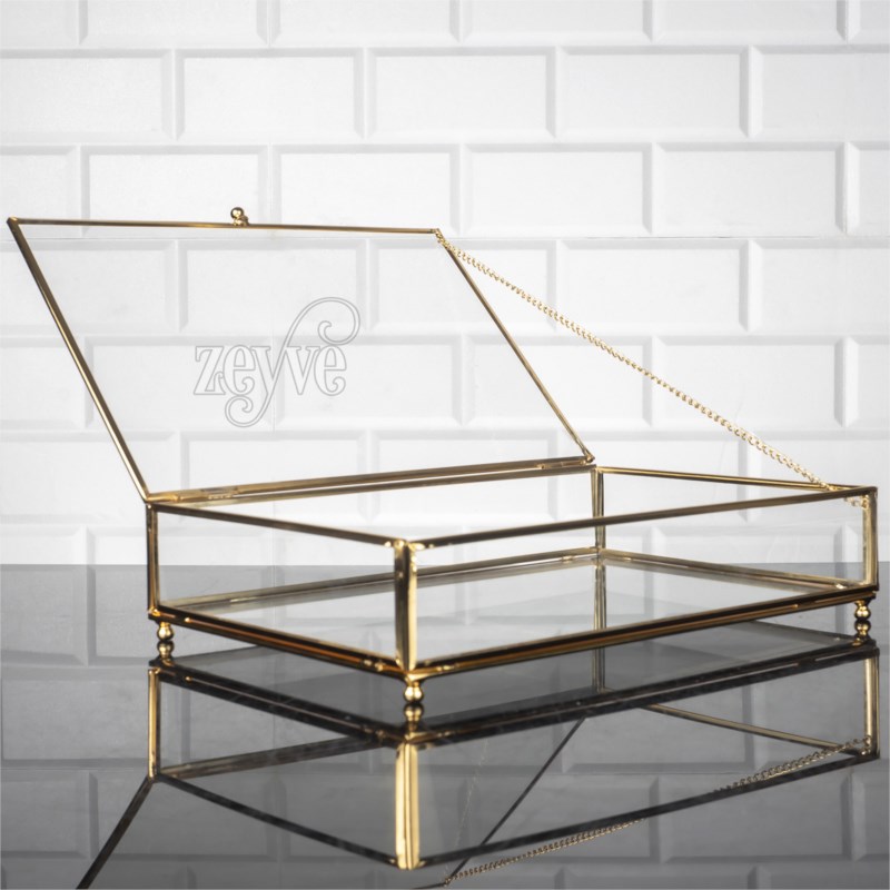 BOITE RANGEMENT DECO VERRE AVEC COUVERCLE VERRE 30x20x6.5 cm MODELE OR 
