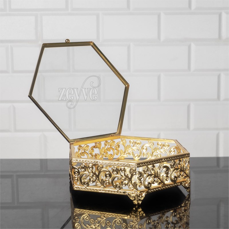 BOITE RANGEMENT DECO VERRE AVEC COUVERCLE VERRE 23X20X8 CM MODELE OR 
