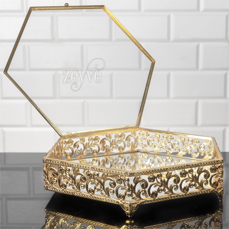 BOITE RANGEMENT DECO VERRE AVEC COUVERCLE VERRE 35X30X8 CM MODELE OR 