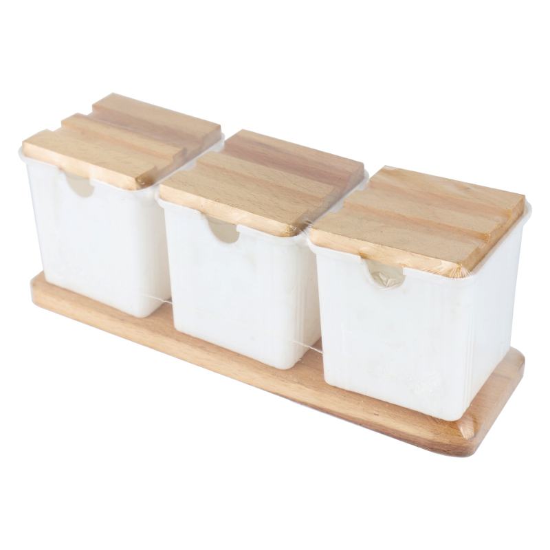 SET PLASTIQUE 3 PIECES RANGE EPICES 3x 8X8X8CM + SUPPORT 24X8X9 CM BLANC