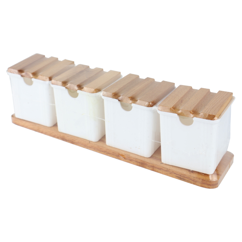 SET PLASTIQUE 4 PIECES RANGE EPICES 4x 8X8X8CM + SUPPORT 32X8X9 CM BLANC