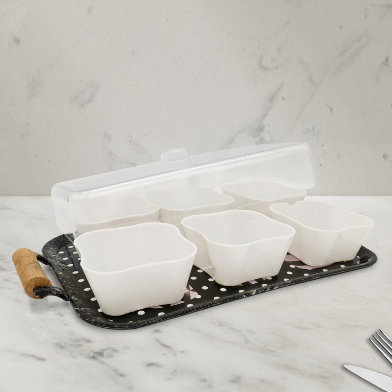 SET PLASTIQUE 6 COMPARTIMENTS AVEC COUVERCLE PLASTIQUE (6x 8X8X8 CM) + SUPPORT 32X20X6 CM MIX BLANC/NOIR