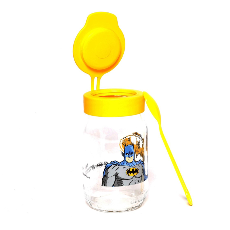 BOUTEILLE ENFANT EN VERRE AVEC CUILLERE 370 CC MIX BATMAN/SUPERMAN