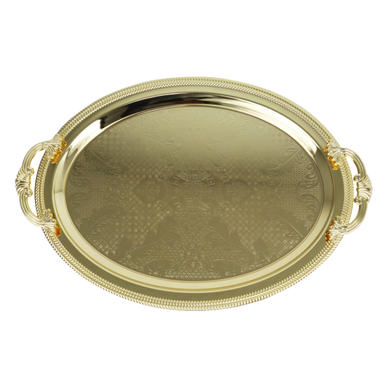 PLATEAU DECO OVAL METAL 41X28 CM AVEC POIGNEES MODELE OR 