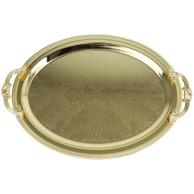 PLATEAU DECO OVAL METAL 48X33 CM AVEC POIGNEES MODELE OR 