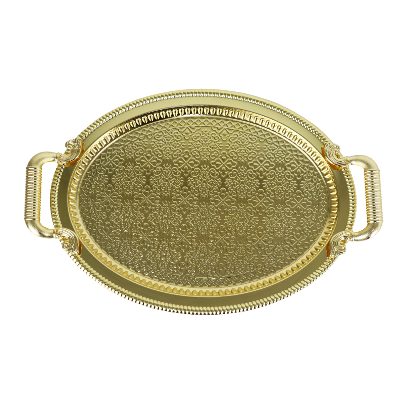 PLATEAU DECO OVAL METAL 42X28 CM AVEC POIGNEES MODELE OR 
