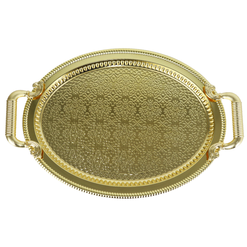 PLATEAU DECO OVAL METAL 49X33 CM AVEC POIGNEES MODELE OR 