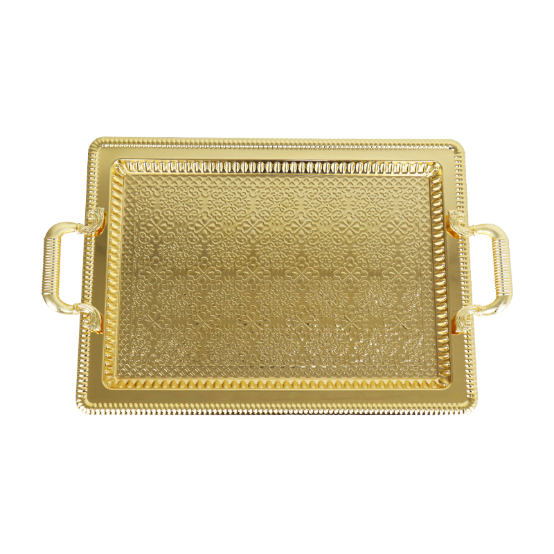 PLATEAU DECO RECTANGULAIRE METAL 43X25 CM AVEC POIGNEES MODELE OR 