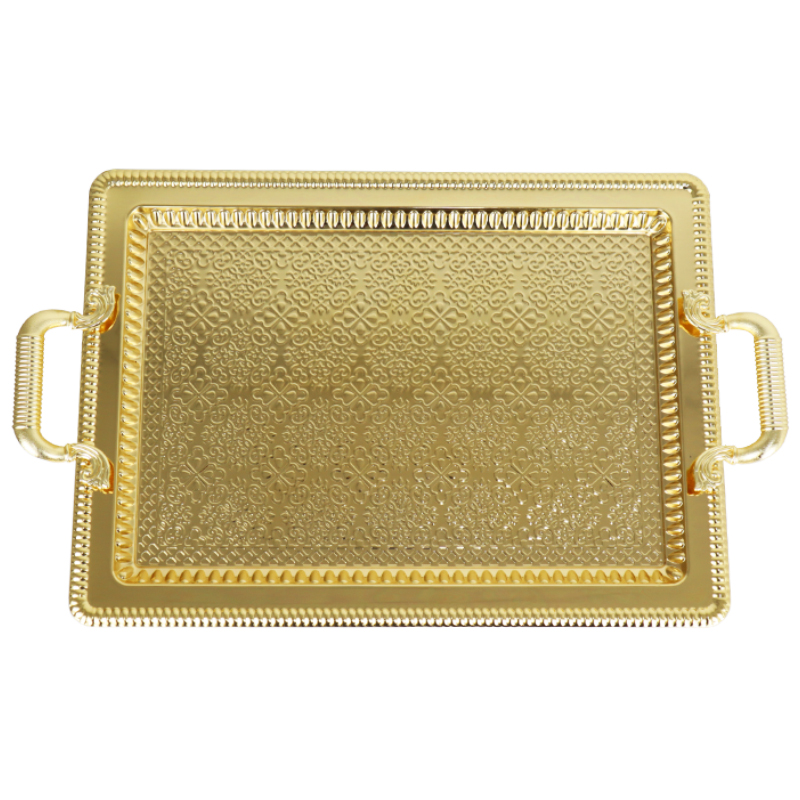 PLATEAU DECO RECTANGULAIRE METAL 52X32 CM AVEC POIGNEES MODELE OR 