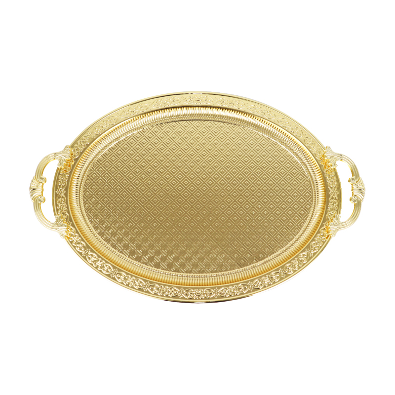 PLATEAU DECO OVAL METAL 42X28 CM AVEC POIGNEES MODELE OR 