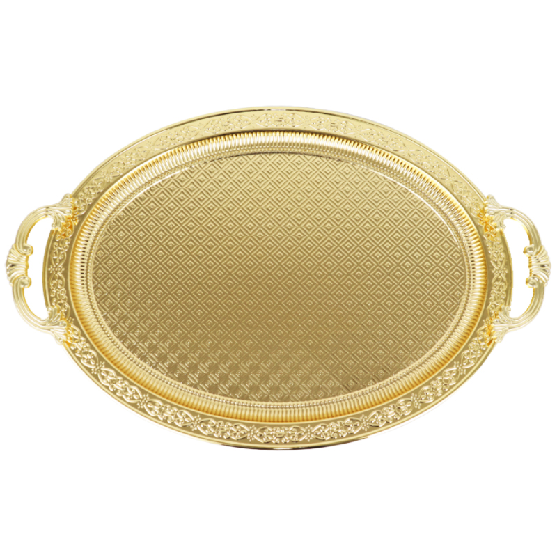 PLATEAU DECO OVAL METAL 50X33 CM AVEC POIGNEES MODELE OR 
