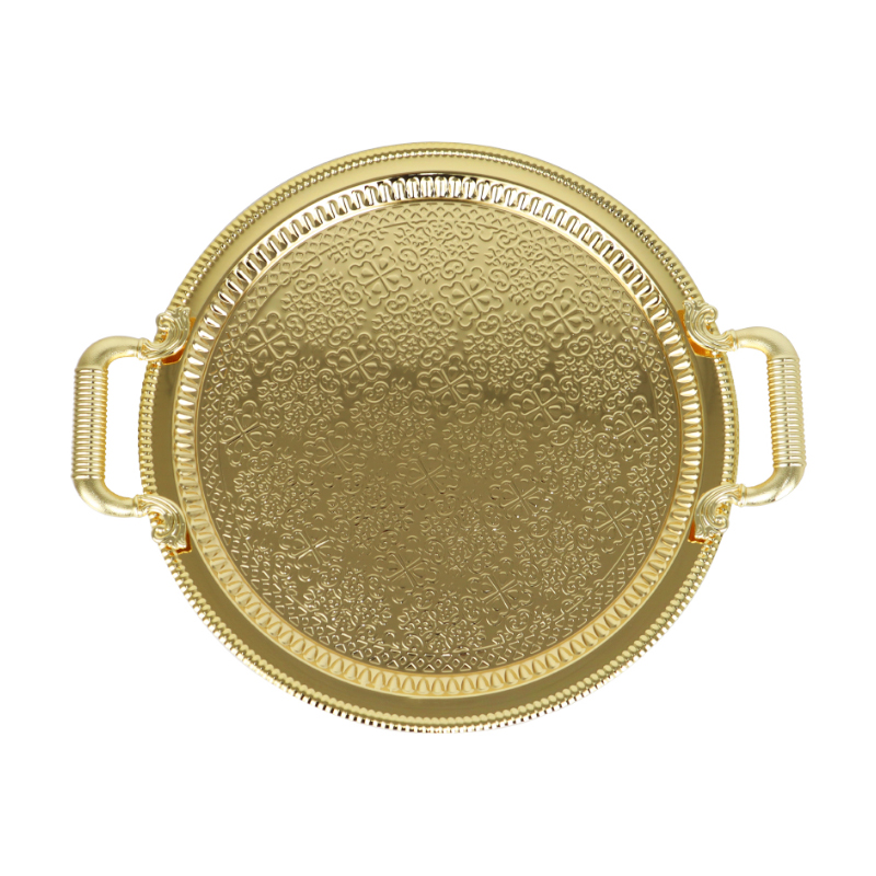 PLATEAU DECO ROND METAL 30X37 CM AVEC POIGNEES MODELE OR 