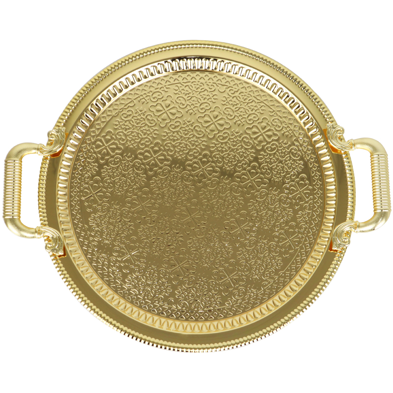 PLATEAU DECO ROND METAL 41X35 CM AVEC POIGNEES MODELE OR 