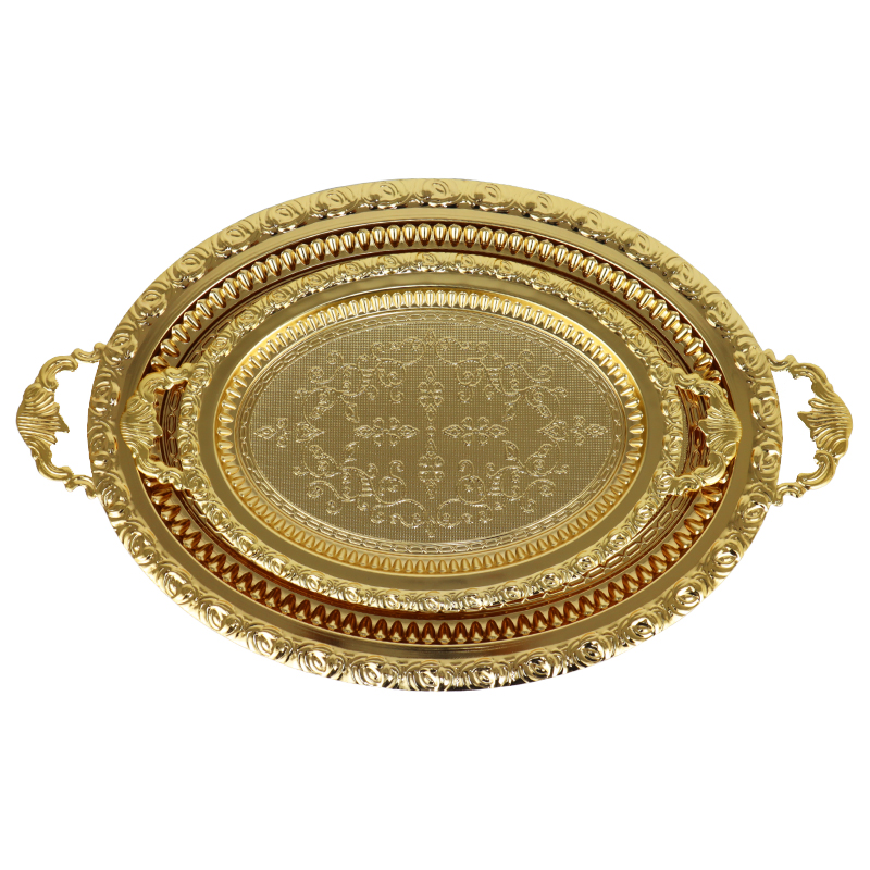 SET 2 PLATEAUX DECO METAL OVAL 53X34 + 40X23 CM AVEC POIGNEES MODELE OR 