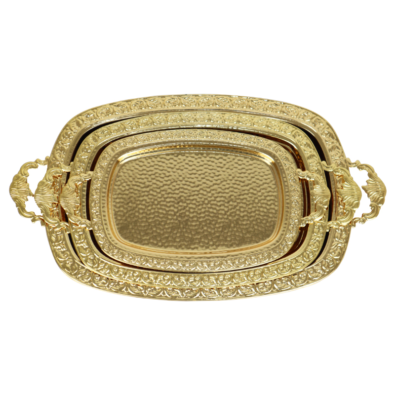 SET 3 PLATEAUX DECO METAL OVAL 36X21 + 44X26 + 51X30 CM AVEC POIGNEES MODELE OR 