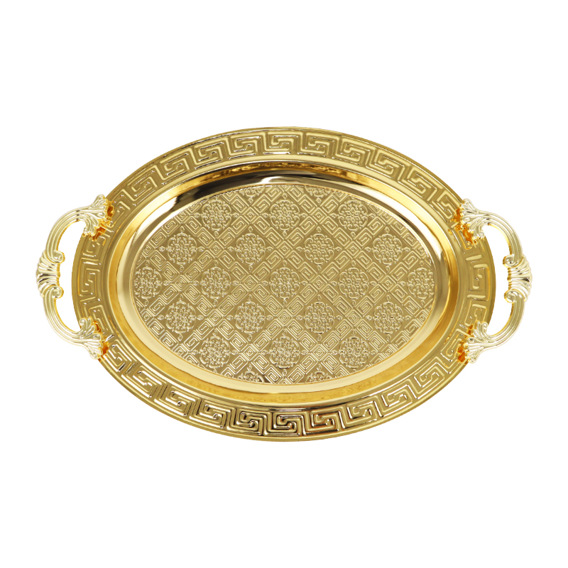 PLATEAU DECO OVAL METAL 42X28 CM AVEC POIGNEES MODELE OR 