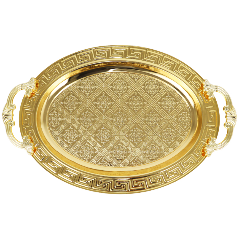 PLATEAU DECO OVAL METAL 50X33 CM AVEC POIGNEES MODELE OR 