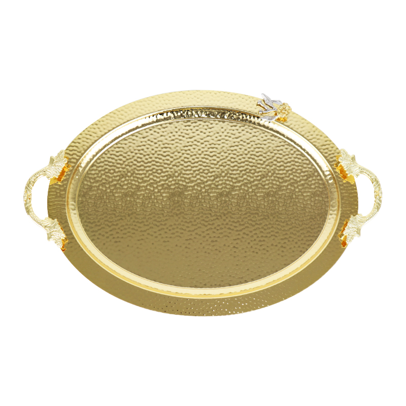 PLATEAU DECO OVAL METAL 42X26 CM AVEC POIGNEES MODELE OR 