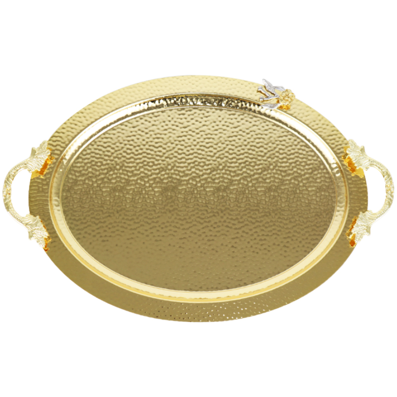 PLATEAU DECO OVAL METAL 50X33 CM AVEC POIGNEES MODELE OR 
