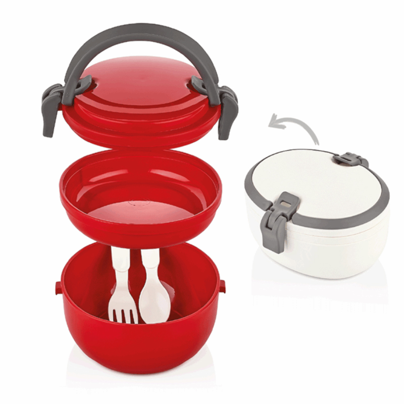 BOITE DEJEUNER AVEC CUILLERE/FOURCHETTE 15X15X9 CM MIX GRIS/ROUGE