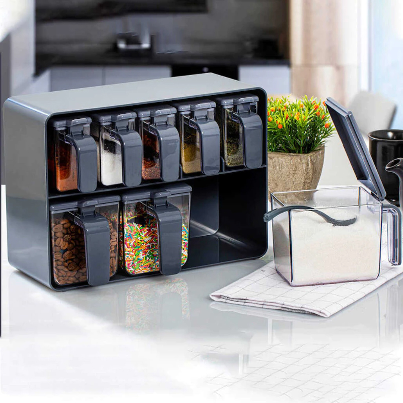 SET RANGE EPICES 8 COMPARTIMENTS 3 x 600 ml + 5 x 200 ml COULEUR GRIS