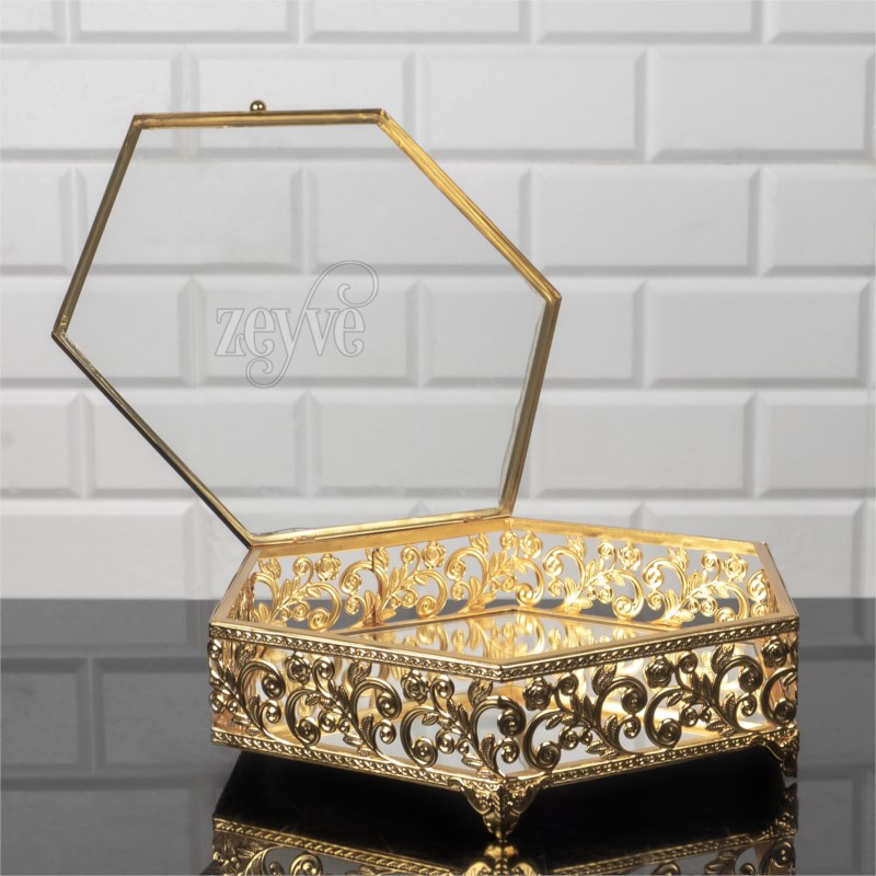BOITE RANGEMENT DECO VERRE AVEC COUVERCLE VERRE 26X29X8 CM MODELE OR 