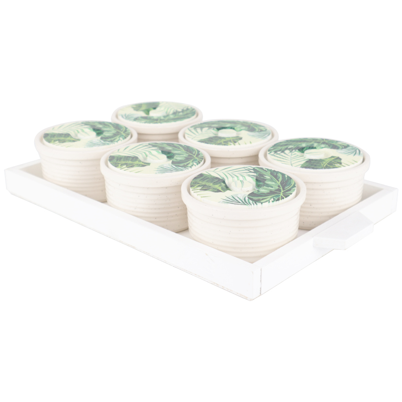 SET 6 RAMEQUIN CERAMIQUE AVEC COUVERCLE 10X6 CM + PLATEAU PLASTIQUE 35X20X3 CM MIX NOIR/VERT/BLANC/BLEU