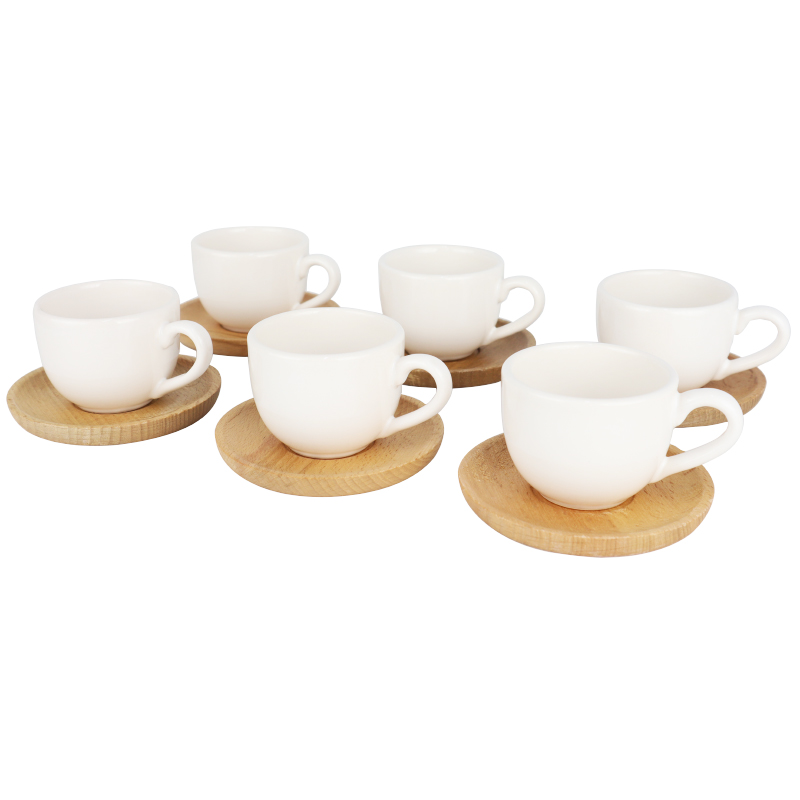 SET 6 TASSE EXPRESSO  CERAMIQUE AVEC SOUS TASSE BOIS 