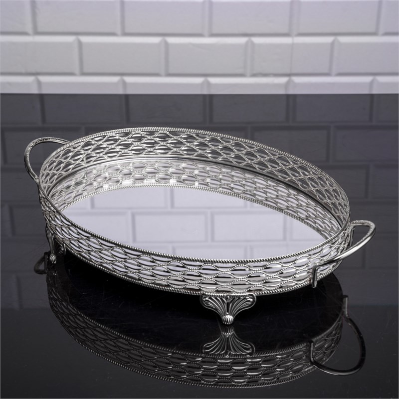 PLATEAU DECO OVAL DESIGN NIL 44X26 CM MODELE ARGENT