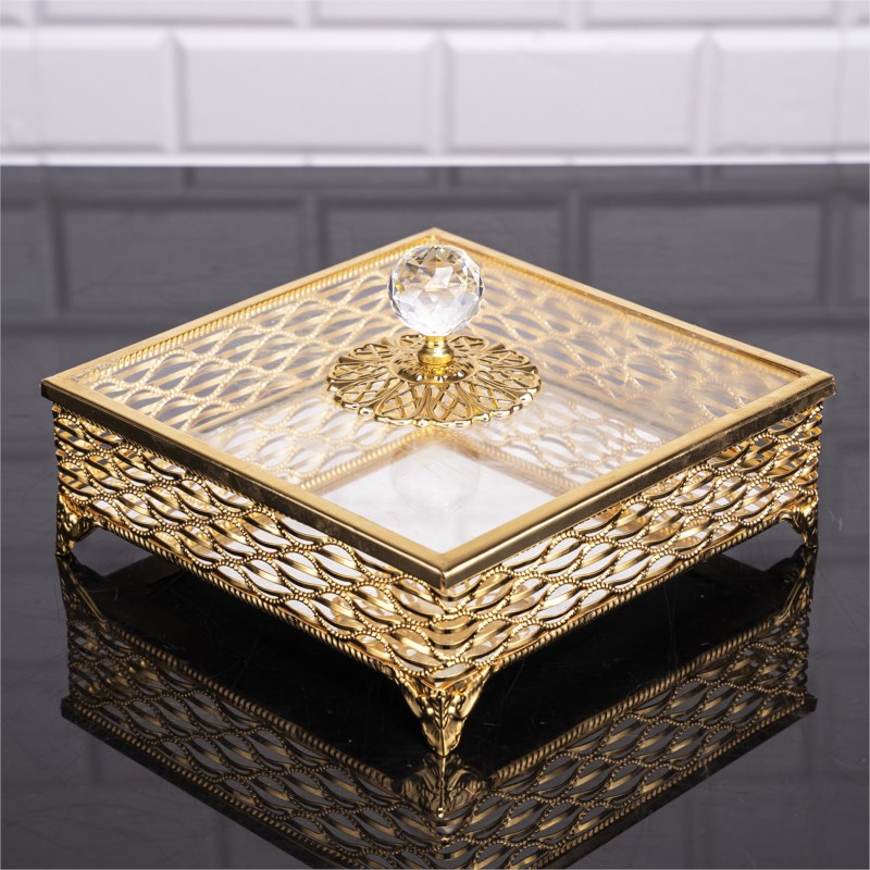 BOITE AVEC COUVERCLE EN VERRE 19X19X8 CM DESIGN NIL MODELE OR 