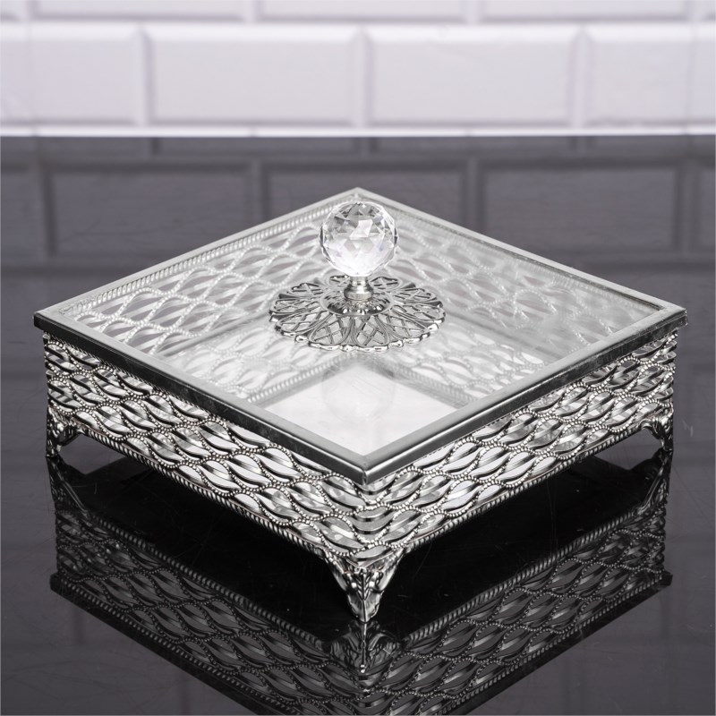 BOITE AVEC COUVERCLE EN VERRE 19X19X8 CM DESIGN NIL MODELE ARGENT 