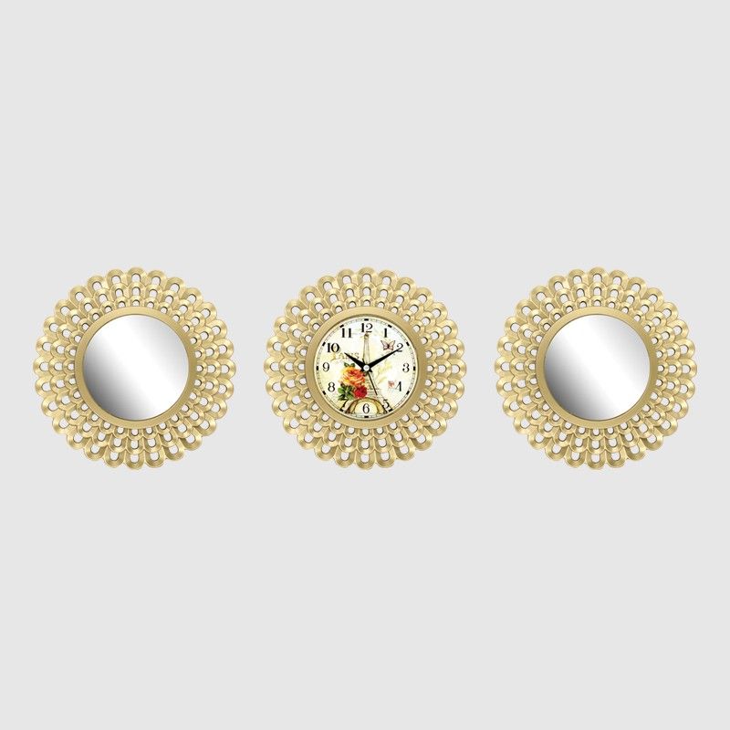 SET 3 PIECES (2 MIRROIRS + HORLOGE) 35 CM. MIX OR/ARGENT