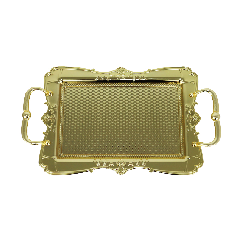 PLATEAU DECO RECTANGULAIRE METAL 41.5X24 CM AVEC POIGNEES MODELE OR 