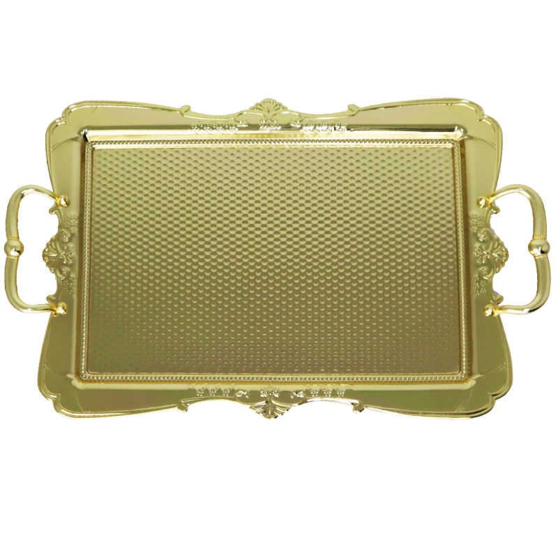PLATEAU DECO RECTANGULAIRE METAL 50X32 CM AVEC POIGNEES MODELE OR 