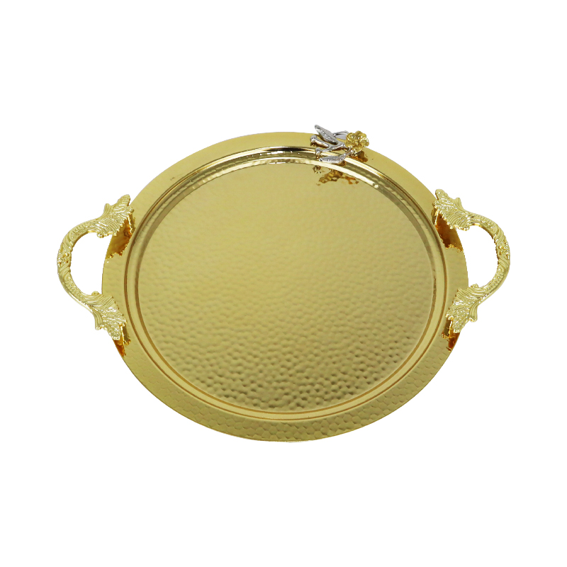 PLATEAU DECO ROND METAL 37X30 CM AVEC POIGNEES MODELE OR 