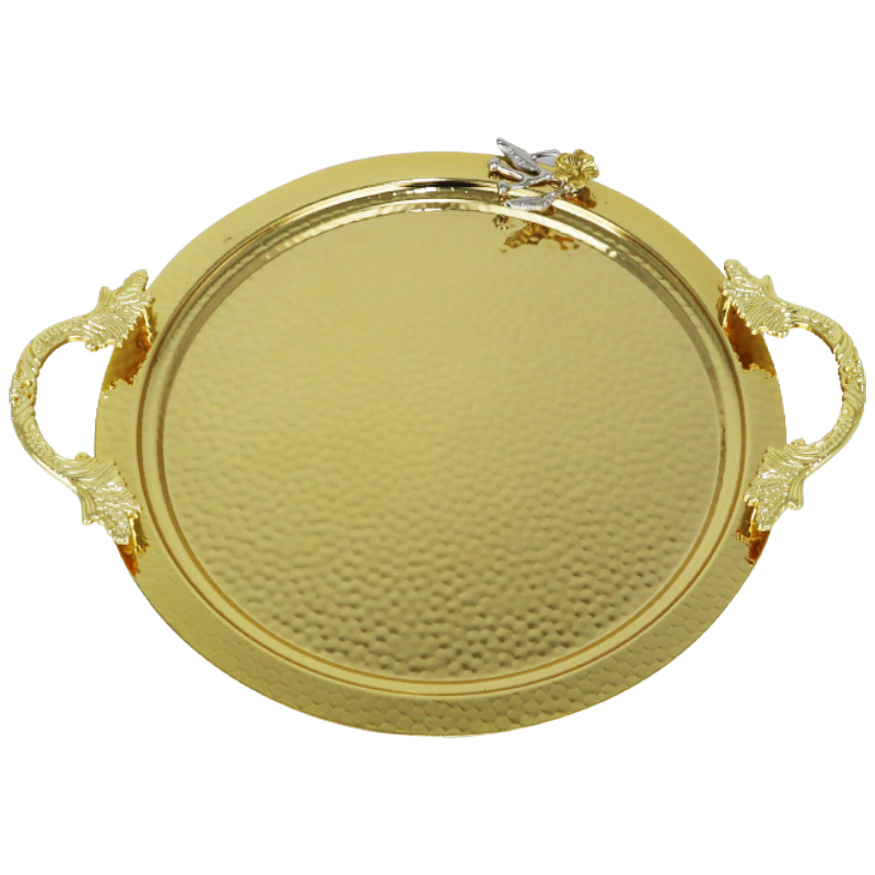 PLATEAU DECO ROND METAL 42X35 CM AVEC POIGNEES MODELE OR 