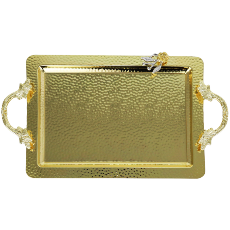 PLATEAU DECO RECTANGULAIRE METAL 52X32 CM AVEC POIGNEES MODELE OR 